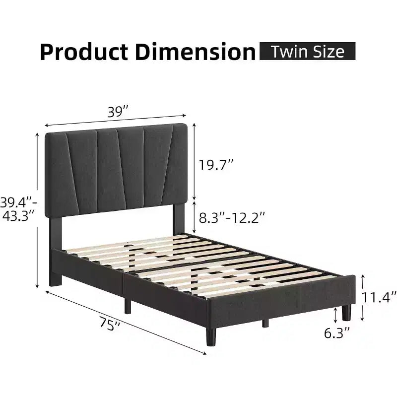 Acekool Adjustable Headboard Upholstered Twin Bed Frame, Linen, Platform Bed, Wooden Slats, Modern Low Profile