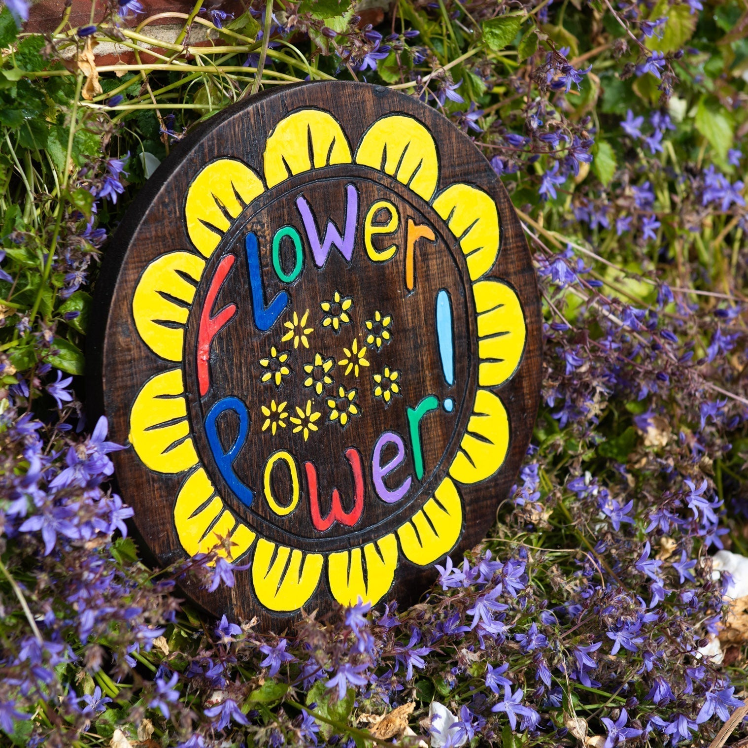 'Flower Power' Painted Wood Round Plaque