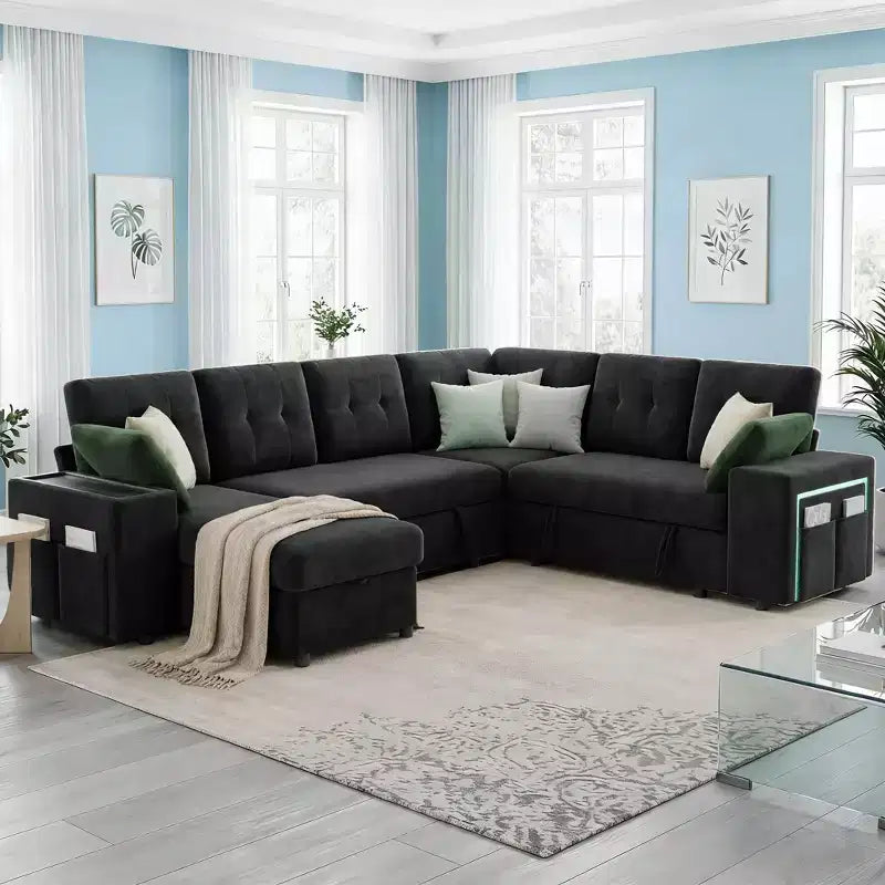 Dyonery 112 Modular Convertible Sectional Sleeper Sofa with Pull Out Bed,Linen Convertible Couch with Storage Seat,Sectional Couches for Living Room