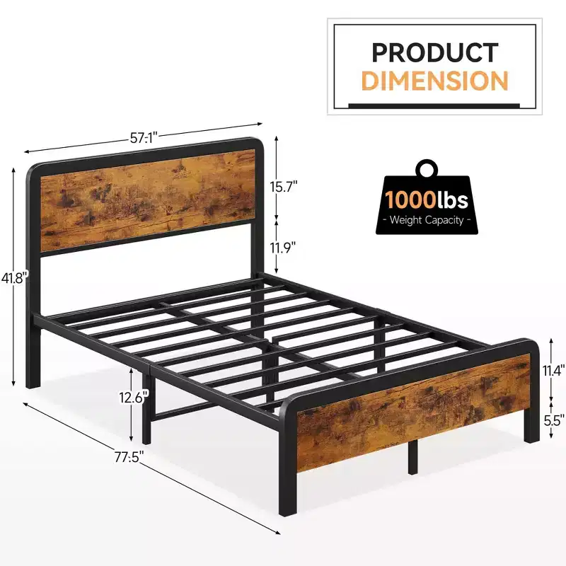 Coolmee Metal Full/Queen Size Bed Frame with Rustic Vintage Wood Headboard, Platform Bed Mattress Foundation with Safe Rounded Corners
