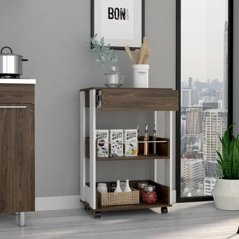 White and Dark Brown Rolling Kitchen Cart with Drawer and 3-Tier Open Shelves
