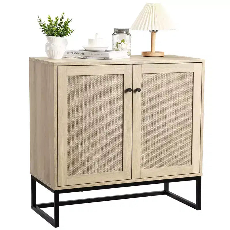 Rattan Storage Cabinet, Kitchen Sideboard with Adjustable Shelves and Metal Handles, Oak & Black