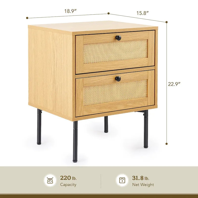 Boho Wicker Rattan Nightstand Bedside Table