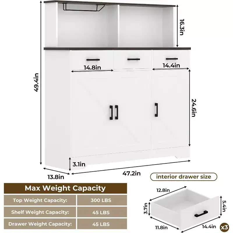 47.2 in Buffet Cabinet with Storage, Wood Large Kitchen Storage Cabinet with 3 Doors, 3 Drawers and a Countertop, Buffet Table for Dining Room