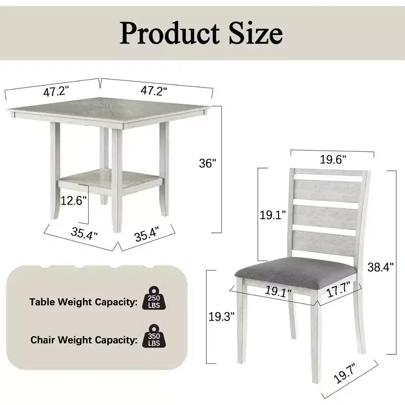 VECELO Rustic 5-Piece Dining Table Set, Rubber Wood Square Table with Shelf and 4 Armless Upholstered Dining Chairs for Kitchen, Gray