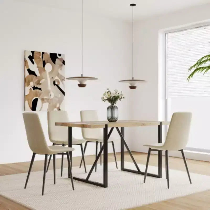 Set of 4 Linen Upholstered Dining Chairs with Black Metal Legs