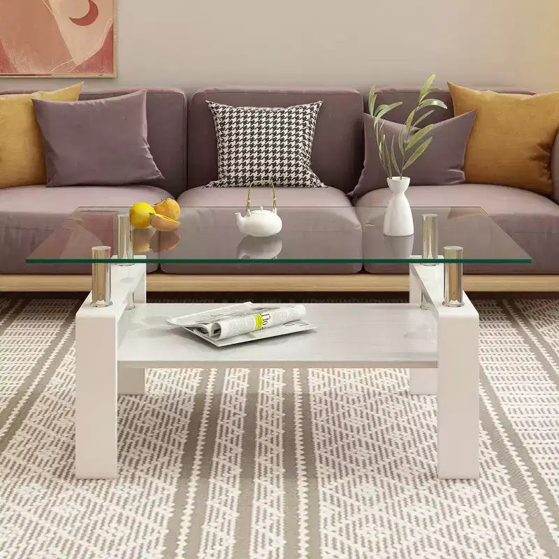 Fun little toys brand Rectangle Coffee Table, Tempered Glass Tabletop with MDF Layer, Modern Table for Living Room , Transparent Glass