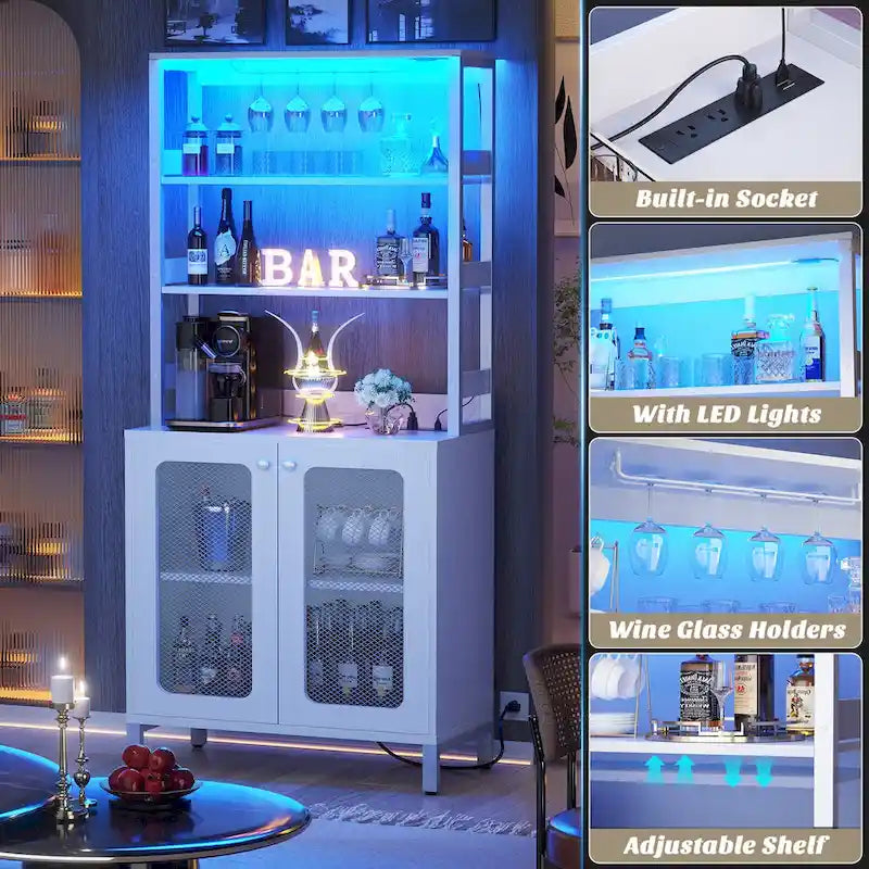 67-Inch Tall Wine Bar Cabinet with LED Lights, Glass Holder and Power Outlets