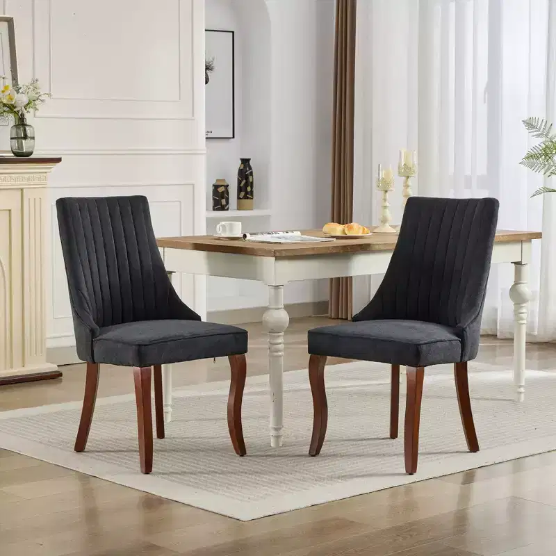 CLIHOME Set of 2 Rayon Cloth Flocking Linen Dining Chairs Channel Kitchen Dinner Chair Comfy Fabric Upholstered Accent Chair