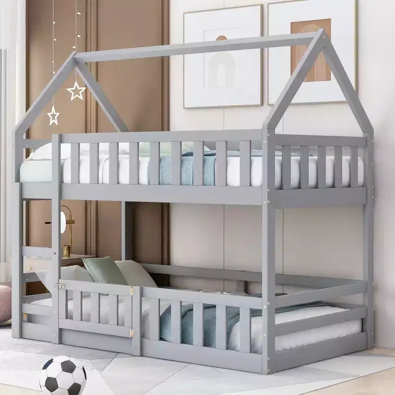 Whisen Wood Twin over Twin House-Shaped Bunk Bed with Fence with Door and Ladder