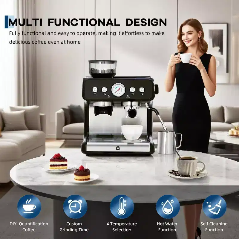 Stainless Steel Espresso Machine with Grinder & 20 Bar Pressure,2.8L Removable Water Tank,Milk Frother Steam Wand for Latte/Cappuccino-Adjustable Shot