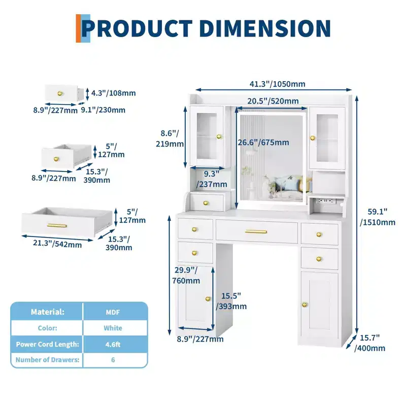 41 Vanity Desk with Mirror & Lights, Makeup Vanity with 6 Drawers, Storage Shelves, RGB Cabinets & 3 Adjustable Brightness for Women Girls