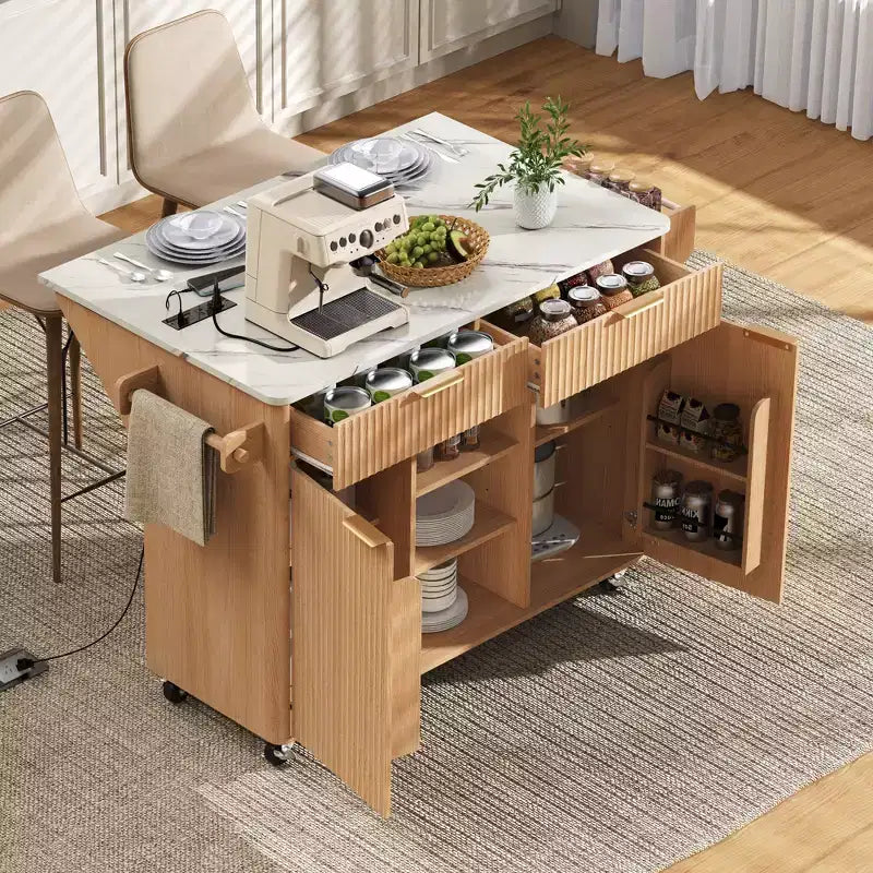 52-Inch Fluted Kitchen Island Cart with Power Outlet and Faux Marble Drop Leaf