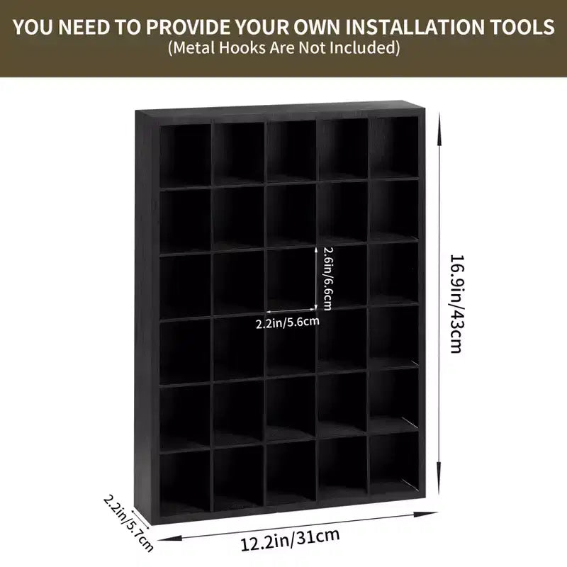 2 Pack Shot Glass Display Case - Black Wooden Wall Mounted Shadow Box with 30 Slots & 2 Removable Shelves, Glass Shelf for Collectibles, Bar Decor