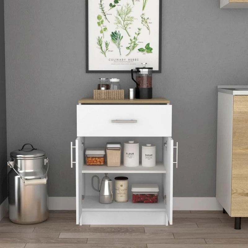 Pantry Organizer Cabinet with One Drawer, Two Interior Shelves, Two Doors, Sideboard, White/Light Oak