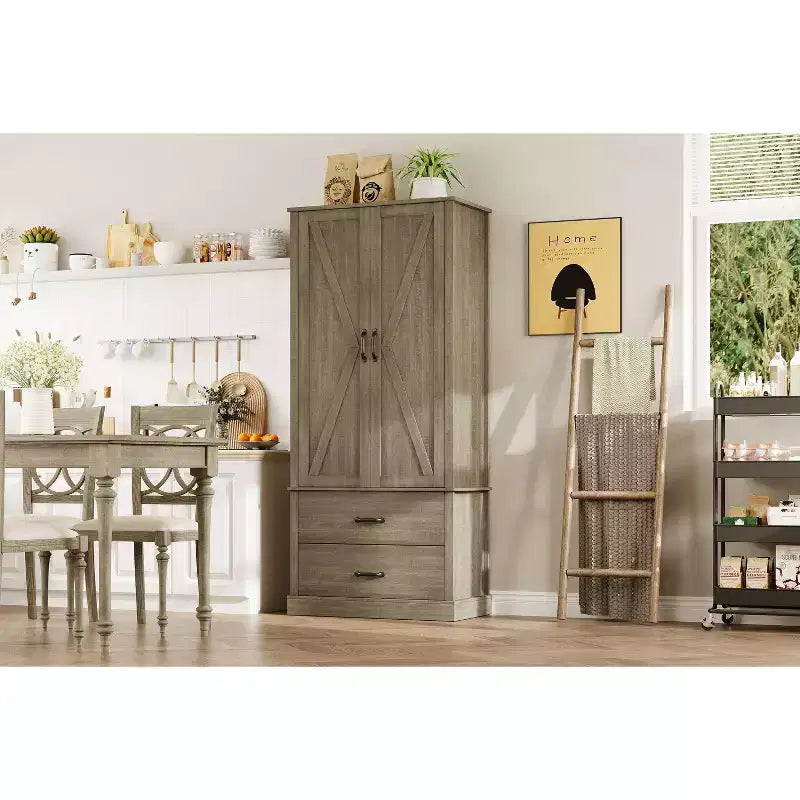 Farmhouse Kitchen Pantry Cabinet,Wood Kitchen Cabinet with Barn Door,Drawers and Adjustable Shelf, Storage for Dining Room,Living Room,Office