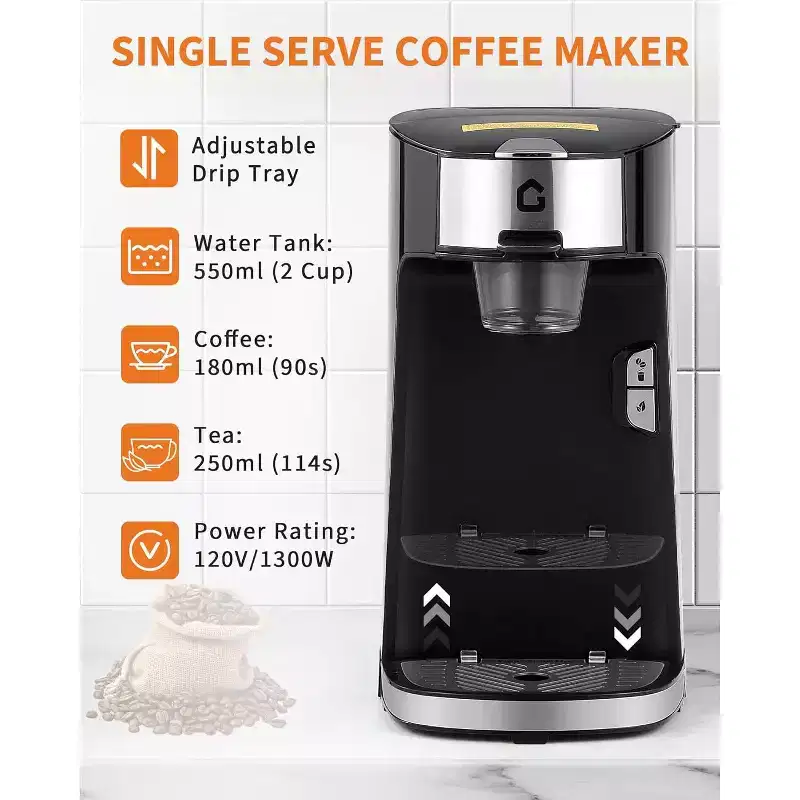 Single Serve Coffee Maker, Auto Shut Off, Adjustable Tray, One-Button Fast Brew, 18.6 Oz Water Tank for Capsule, Ground & Tea, for Home, Office