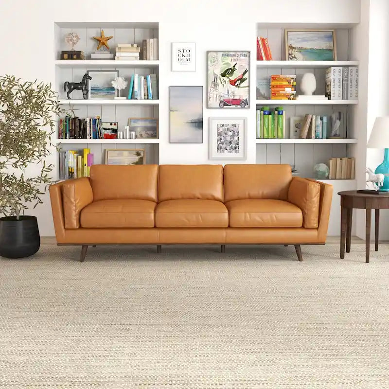 Mid Century Modern Leather Sofa in Tan