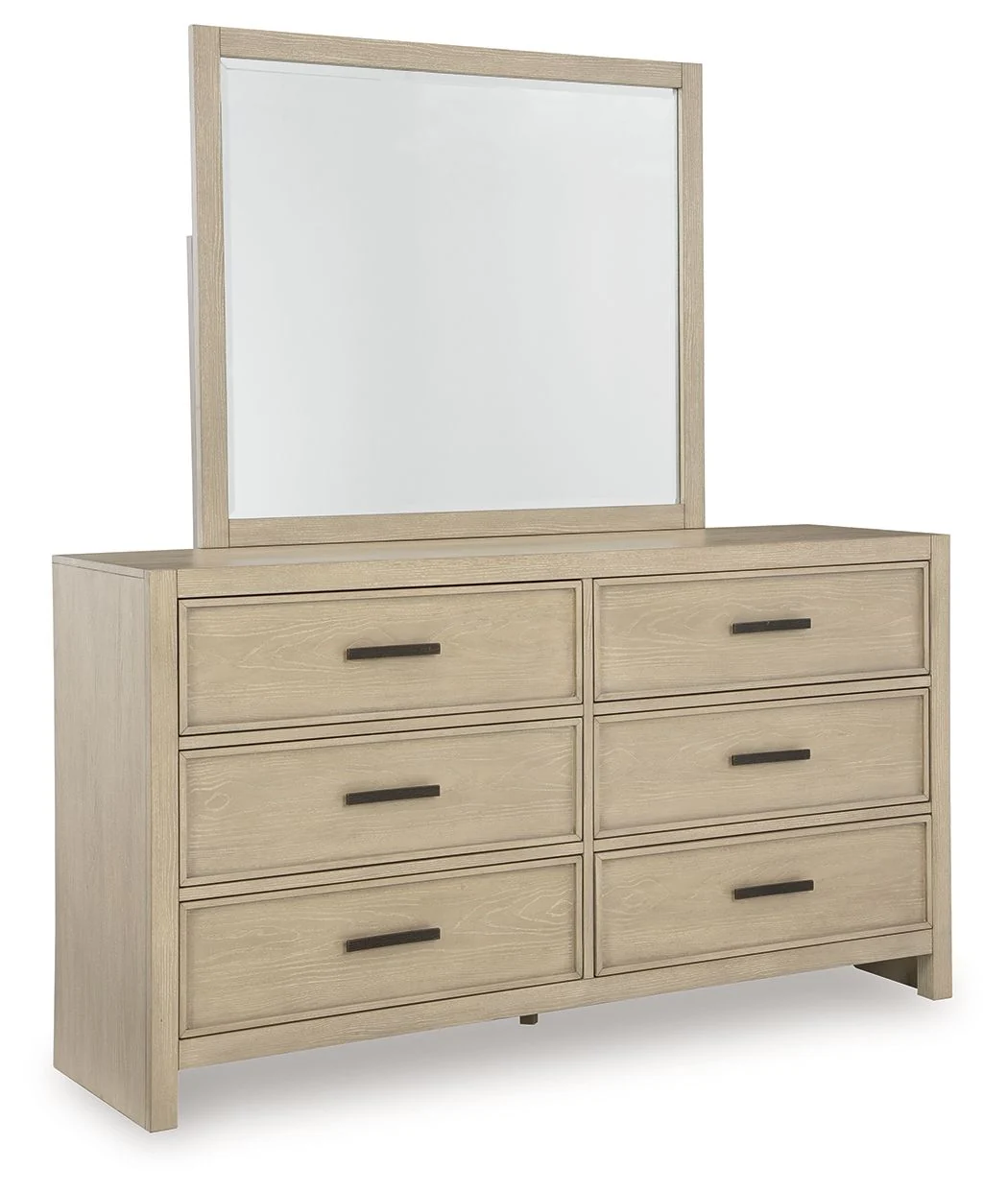 Dresser smooth-gliding storage s are accented with stylish metal bar pulls in a