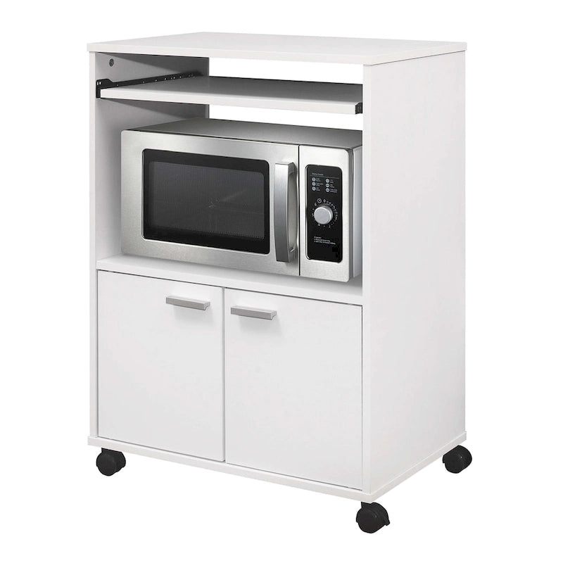 2-Door Kitchen Microwave Cart with Pull-Out Shelf, White