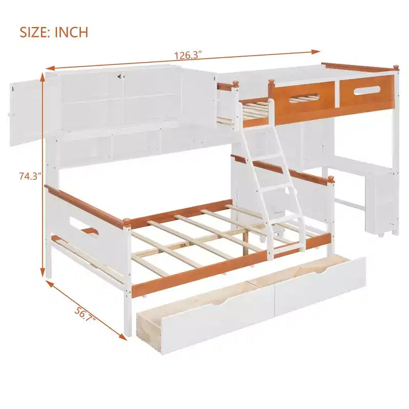 Luxystar Twin Over Full Storage Bunk Bed With Desk, Drawers, Lighted Bookcase and Cabinet, White+Orange
