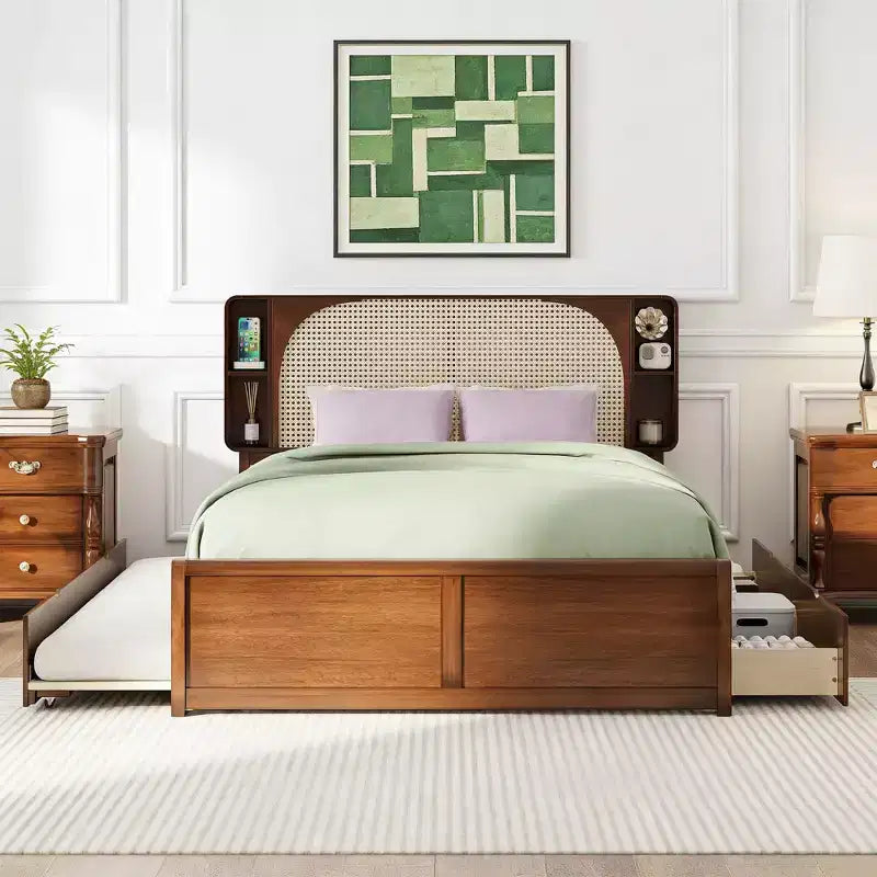 Luxystar Queen Size Rattan Headboard Platform Bed with 4 Storage Compartment, 2 Drawers and Trundle, Walnut