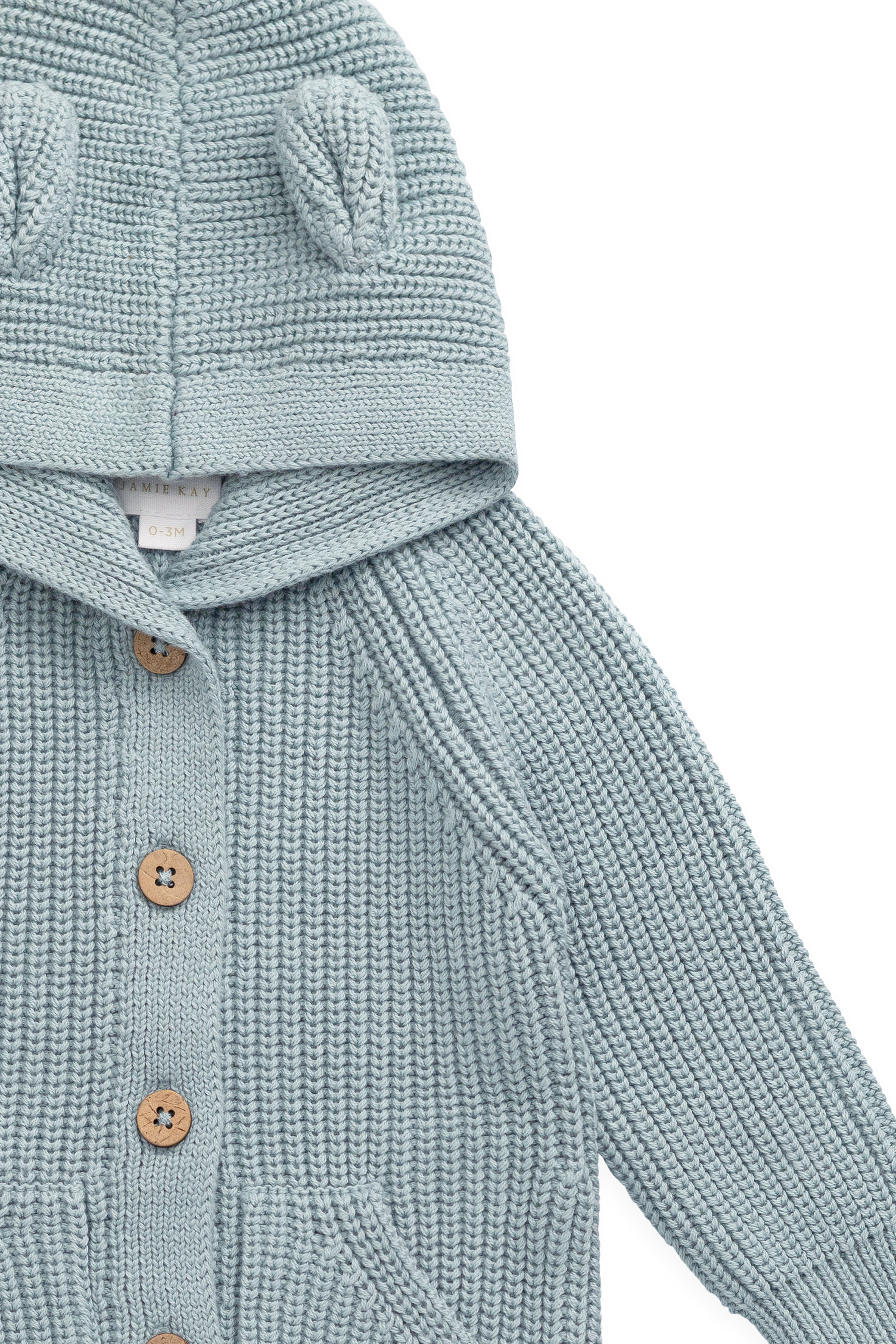 Playful Dusty Blue Bear Ear Hooded Cotton Knit Onepiece with Button-Down Front & Front Pockets for Baby Autumn-Winter (0�C3Y)