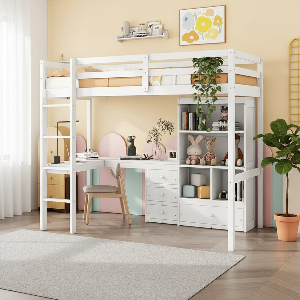 Full Size Wood Loft Bed with L-Shaped Desk, Storage Shelves and Drawers