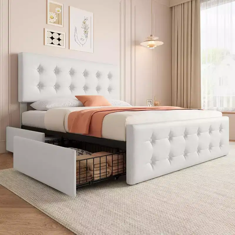 Full/Queen/King Storage Bed Frame with 4 Drawers & Adjustable Headboard - Linen/PU/Velvet Upholstered Platform Bed