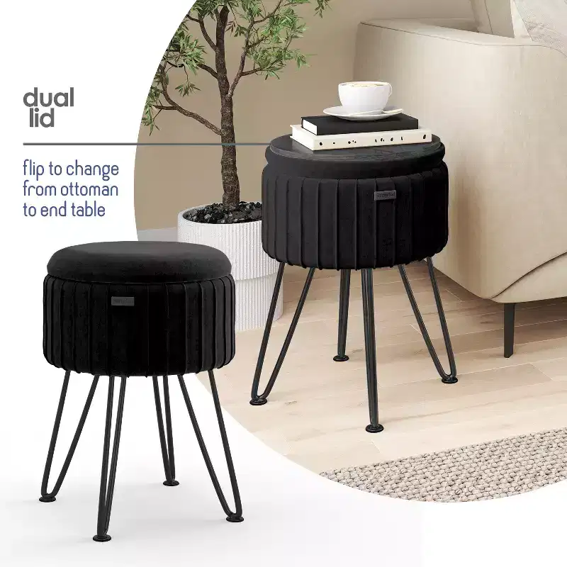StorageBud Pleated Velvet Storage Ottoman, Round Ottoman with Storage, Foot Stool Ottoman for Living Room and Bedroom, Modern Foot Rest