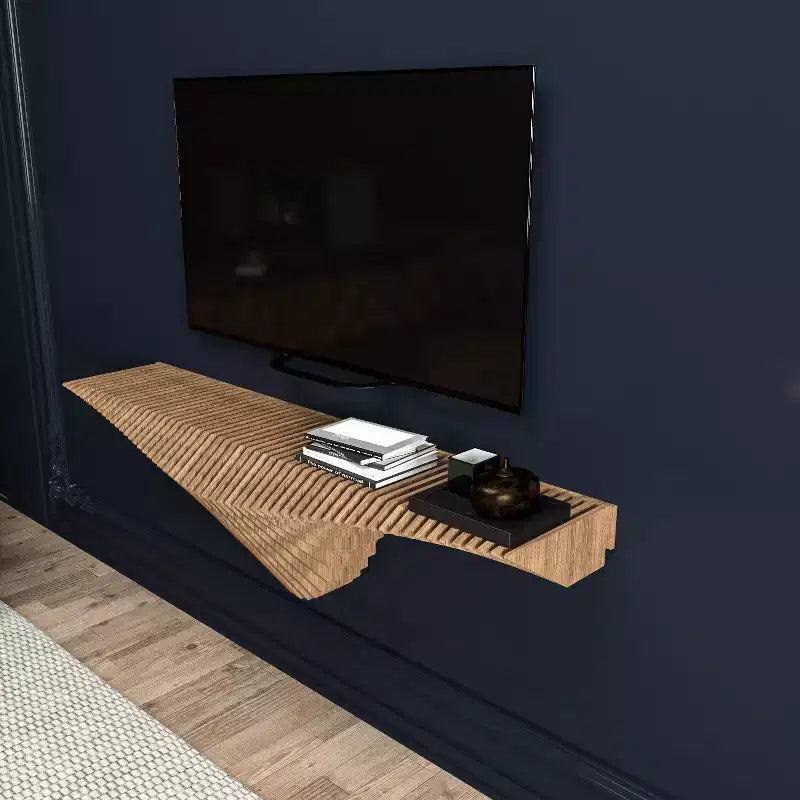 HomeStock Parametric 50 inch Floating Shelf TV Unit Modern Geometric Wooden Wall Piece Decor Natural Oak Color 3D Wavy Living and Gaming Room Shelf