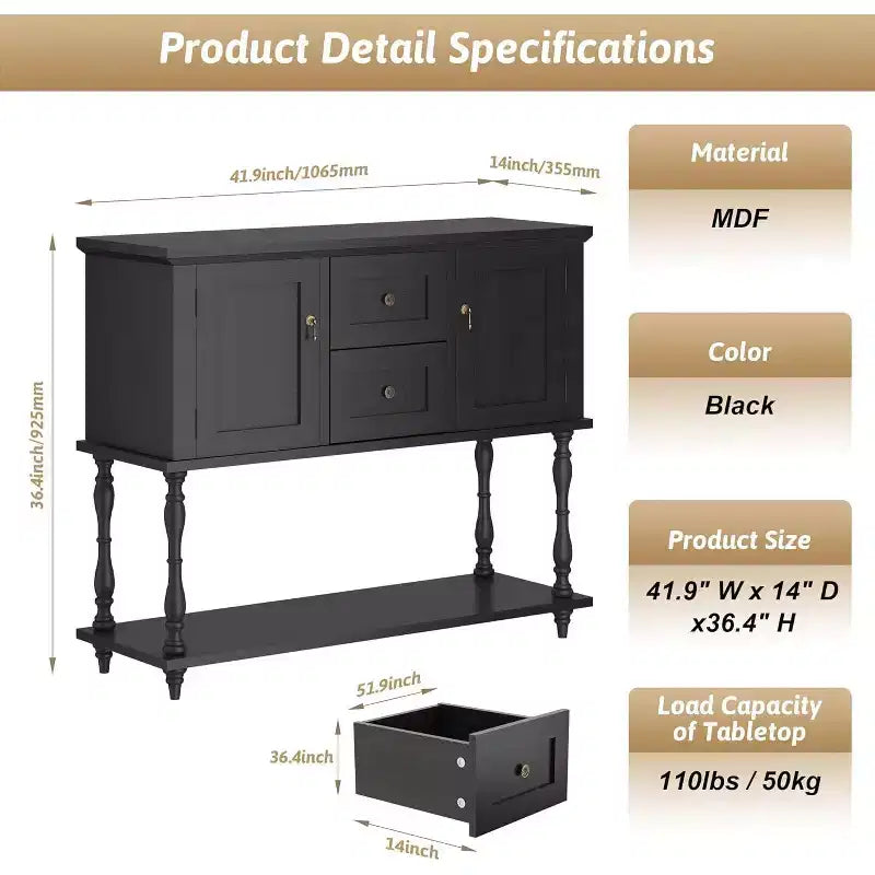 Entryway Table with 2 Drawers, 42 Vintage Console Table with Storage Shelf and 2 Doors, Farmhouse Buffet Sideboard Cabinet for Home Office