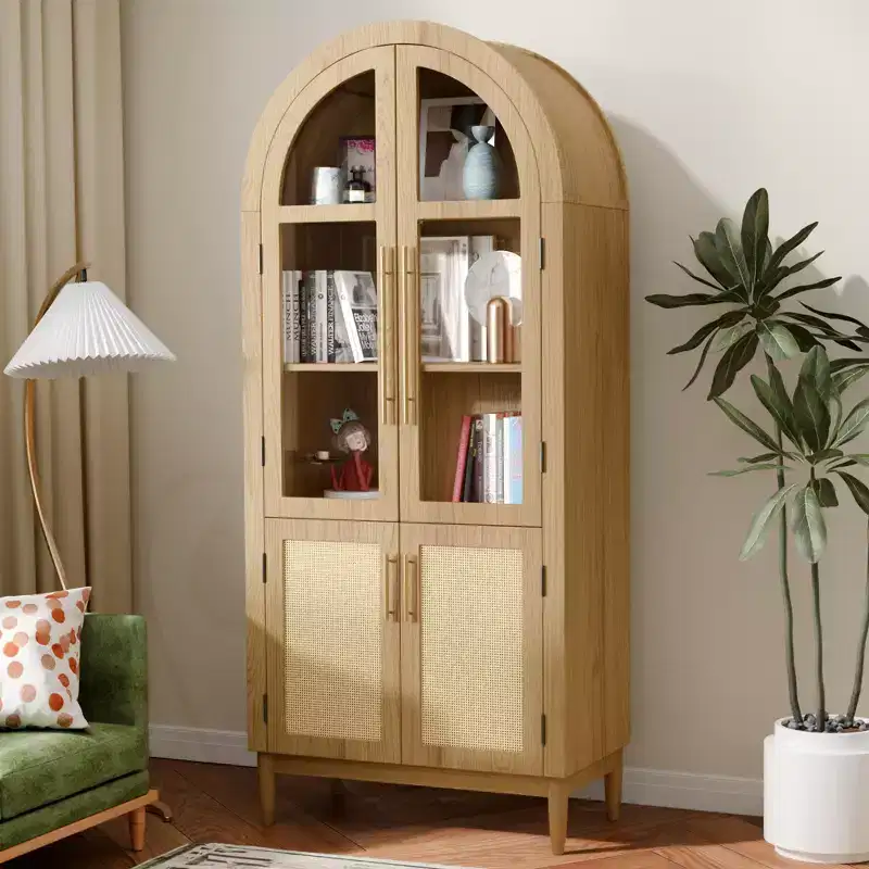 MAYEERTY 71 Tall Arched Storage Cabinets Modern Kitchen Cabinet with Glass Door Solid Wood Legs Shelves for Living Room Natural