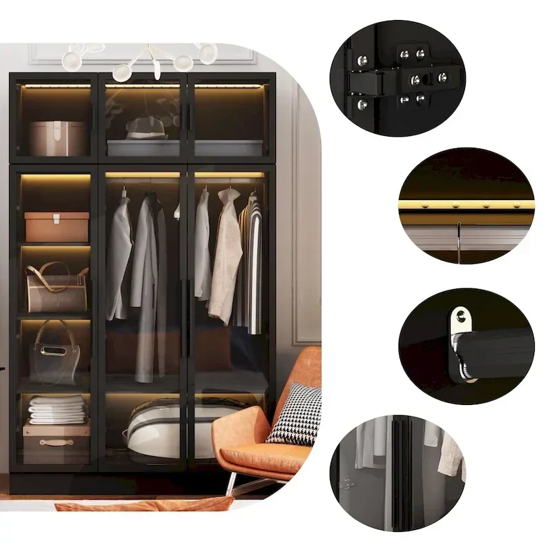 47.2 Wide Armoire LED Light All Glass Door Closet Cabinet Wardrobe