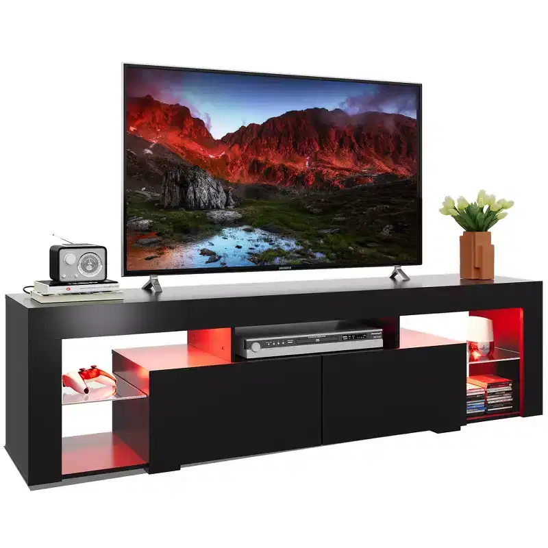 GALAXHERO 63 in TV Stand for 55/60/65/70 Inch TVs, Modern Entertainment Center with Open Shelves, Wood TV Console with 2 Storage Drawers, Black