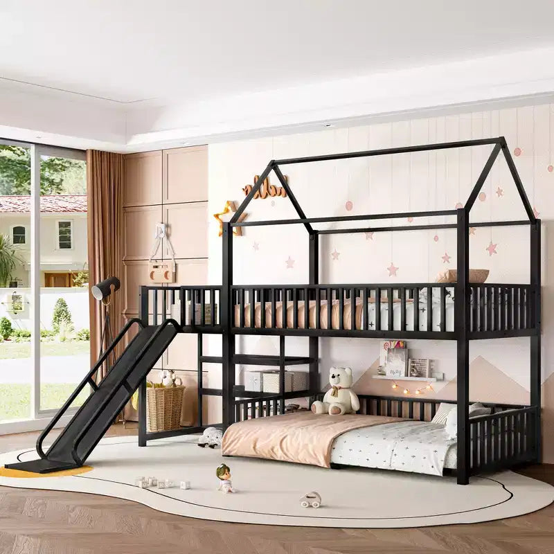Twin/Full Metal House Bunk Bed with Storage Stairs, Slide & Safety Rails – Black