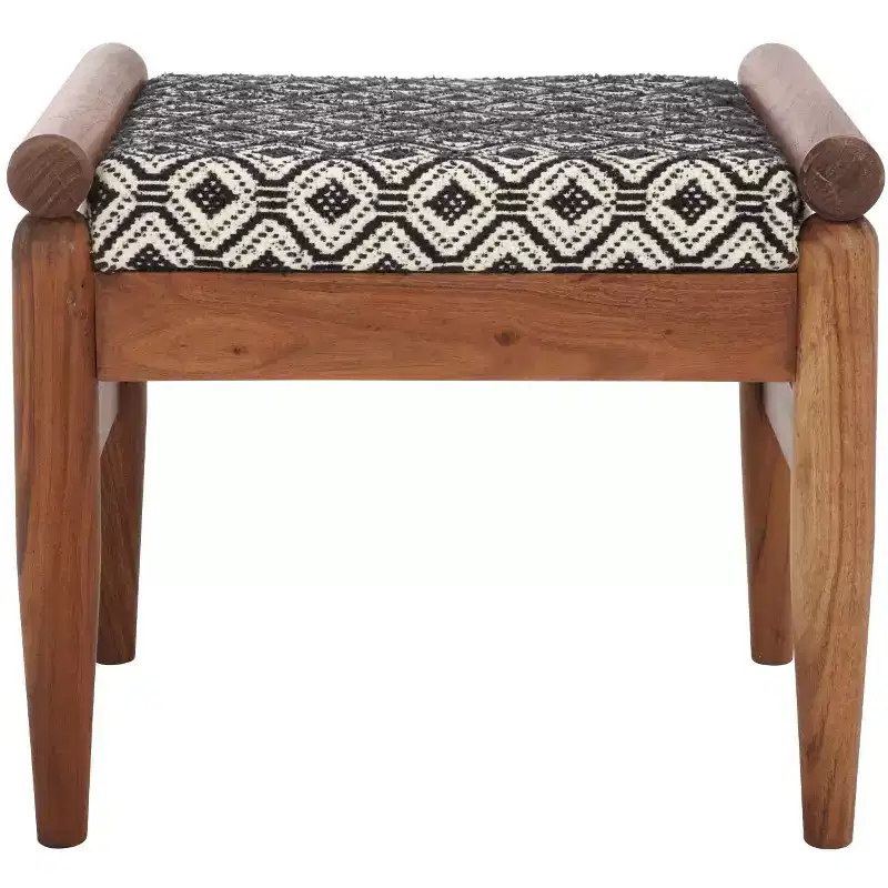 Moroccan-Inspired Ottoman, Navy White and Natural Wood, Mango Wood Frame