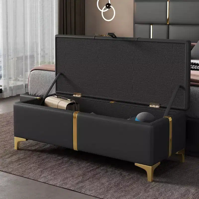 TUYOHW 47.2 End of Bed Ottoman Bench,Luxury Black&Gold PU Storage Ottoman with Metal Legs,Accent Bench Bed Bench,250lbs Capacity