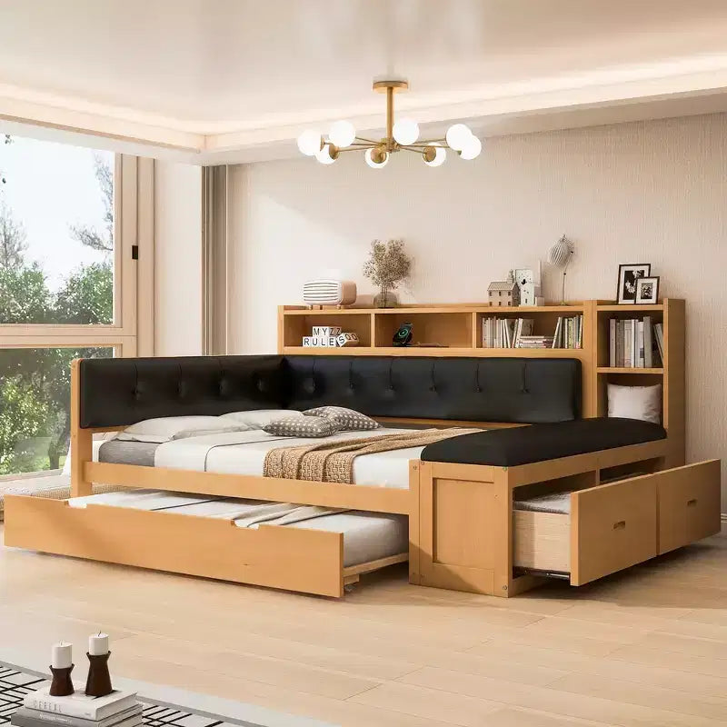Full Size Wood Daybed with Trundle, Storage Shelves, Bench & Upholstered Headboard