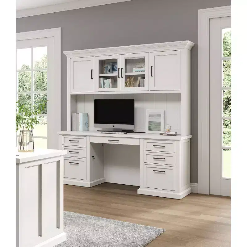Modern Wood Credenza Desk with Hutch Fully Assembled White - Abby Collection - Martin Furniture