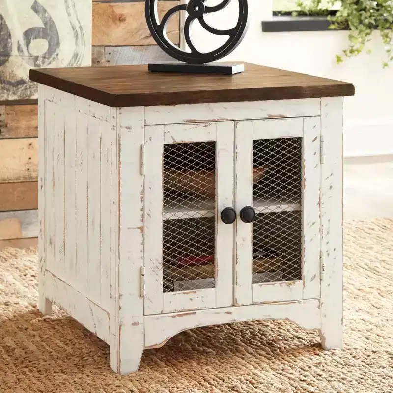 Wystfield End Table White/Brown - Signature Design by Ashley: Modern Style with Storage, Wood Legs & Double Doors