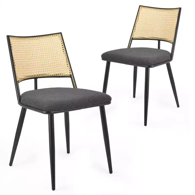 Mid-Century Dining Chairs Set of 2, Rattan Dining Chairs with Metal Frame, Boucle Dining Room Chairs for Dining Room, Kitchen