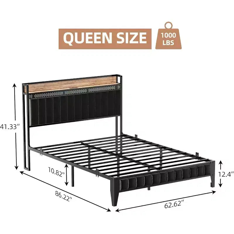 Queen Bed Frame, LED Upholstered Platform Bed Frame with Charging Station, Storage Headboard, Strong Metal Slats Support, Noise Free(Black)