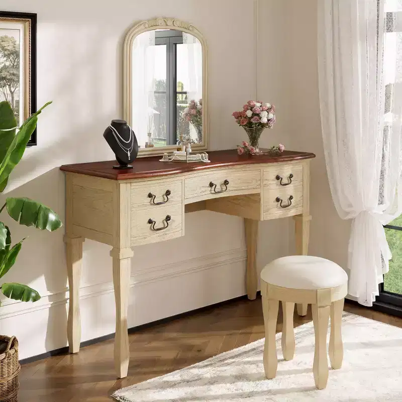 46-Inch Vintage Makeup Vanity Desk with Mirror, 5 Drawers, Matching Stool for Bedroom, Walnut Finish, Space-Saving Design