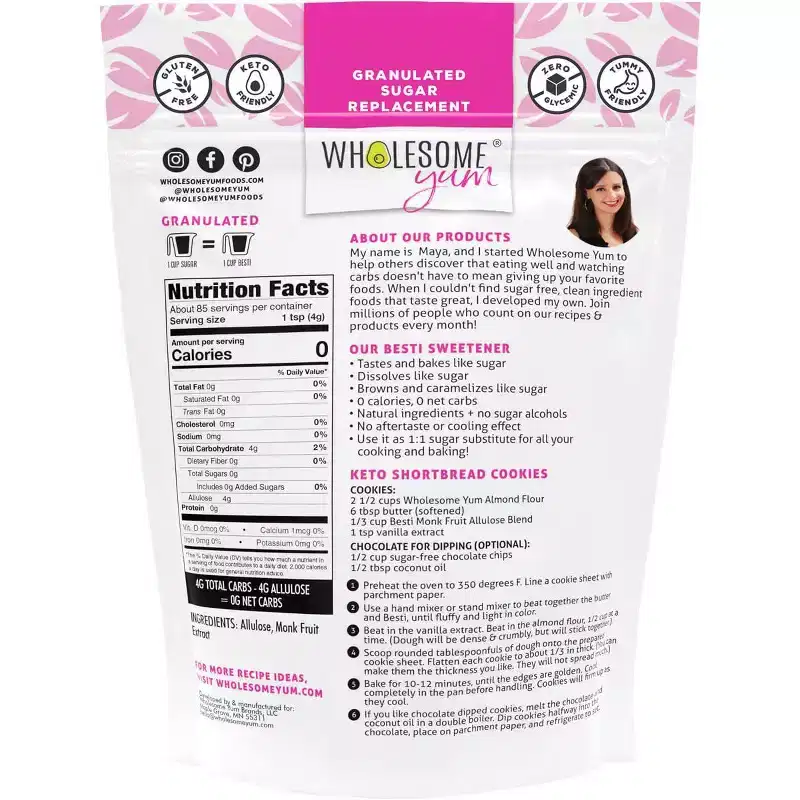Wholesome Yum Besti Natural Sugar Substitute - Keto Granulated Monk Fruit Sweetener Blend With Allulose (No Erythritol) (12 oz)