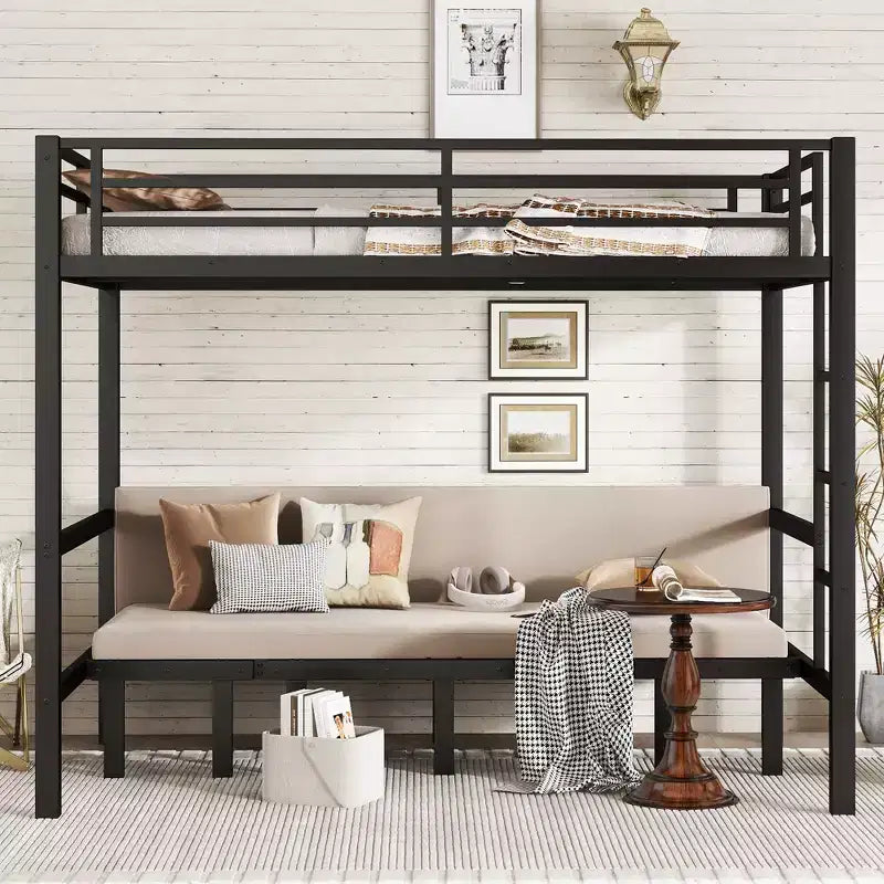 Twin XL/Full/Queen Bunk Bed Metal Loft Bed with Convertible Lower Bunk, Black - ModernLuxe