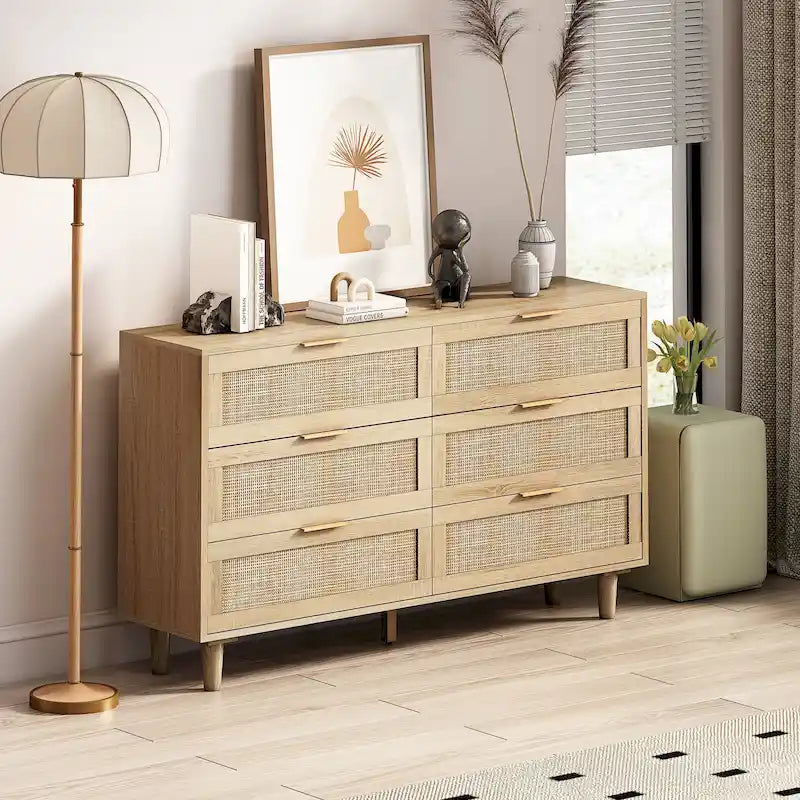 6-Drawer Rattan Dresser Storage Cabinet for Bedroom Living Room