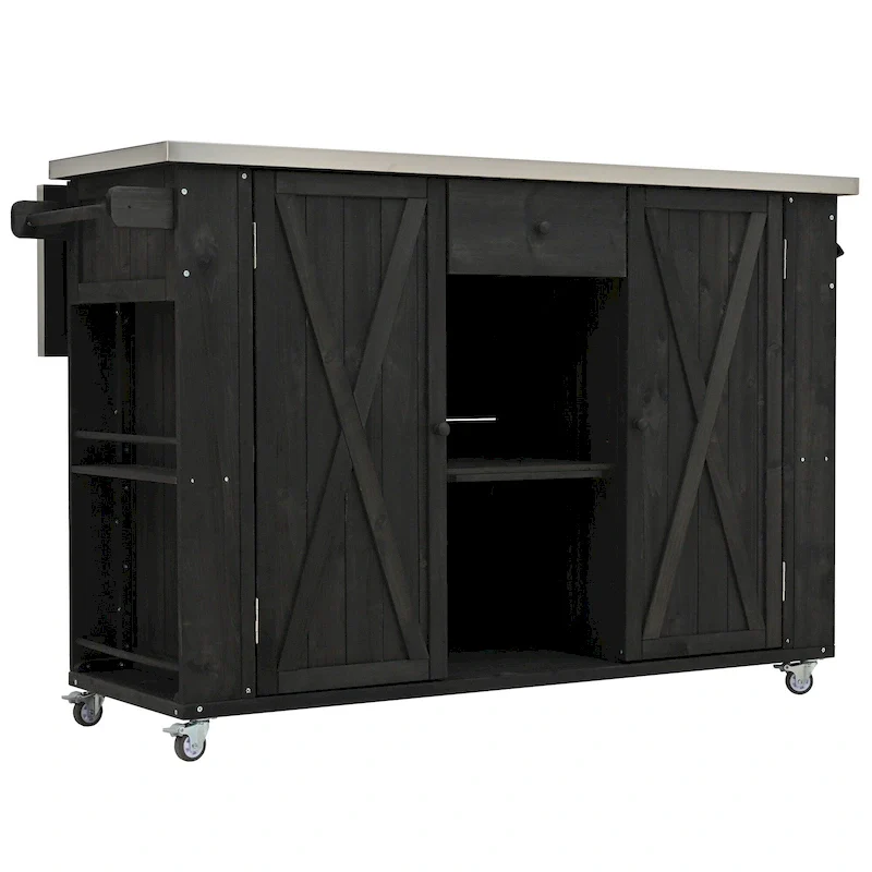 Outdoor Kitchen Island, Rustic Fir Wood with Stainless Steel Top and Smart Storage