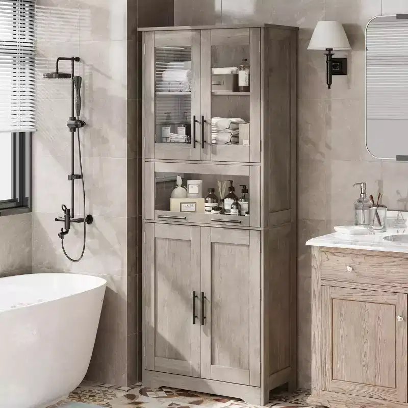 DobleePy Tall Bathroom Floor Cabinet, Freestanding Kitchen Storage Unit with Doors & Adjustable Shelves, 60 x 30 x 170 cm