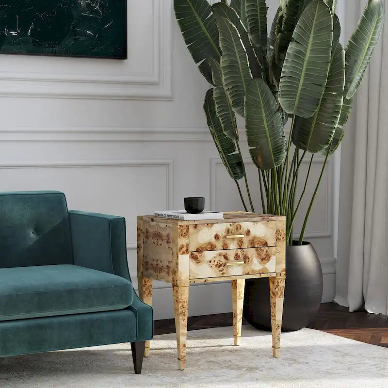 2 Drawer Burl Wood End Table